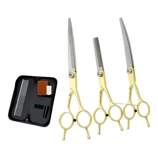 Tanizaki pet grooming scissors, dog hair tool set, 7-inch trimming scissors, curved scissors, Teddy cat and dog pet scissors, gold-plated straight scissors + curling scissors + dental scissors + steel comb + bag