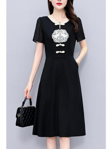 Dryworld New Chinese Retro Schwarz große Größe Frauenkleidung Fett MM Mutter Mutter mit kurzem Ärmeln Sommer neuer Stil Rich Lady Slim Black [1585 High-End-Stoff] l