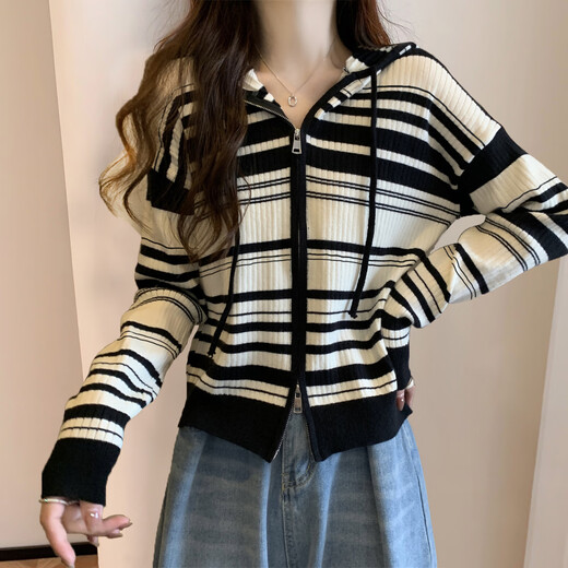 TonLion 2025 autumn and winter age-reducing striped double-ended zipper hooded knitted cardigan women's coat high-end sweater