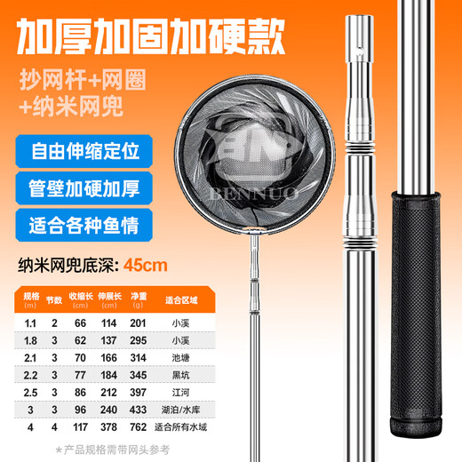 BENNUO fishing net pole set combination complete set of fishing net fishing net pocket stainless steel telescopic pole fishing folding net head thickened and reinforced hardened net fishing pole + deepened net head 2.5m