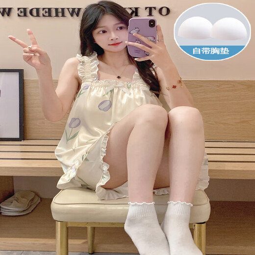 Yalu nightgown for women in summer with breast pads ice silk cool suspender pajamas summer ladies sweet and cute home clothes spring and autumn brand 1355 [removable chest pad]# M [75-100Jin [Jin equals 0.5 kg]]