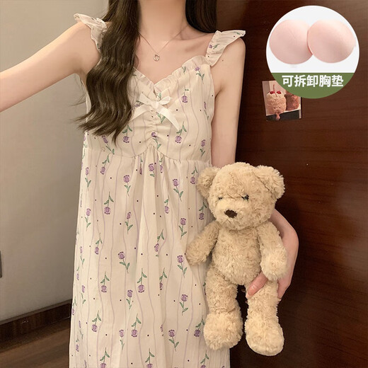 Pushui Fangfangyun Cotton Sling Night-Kleid für Frauen im Sommer dünn mittelgroßer süßer Stil 2025 S48-9923-Sling-Dress-Tulp [abnehmbares L [100-115jin [Jin entspricht 0,5 kg]]