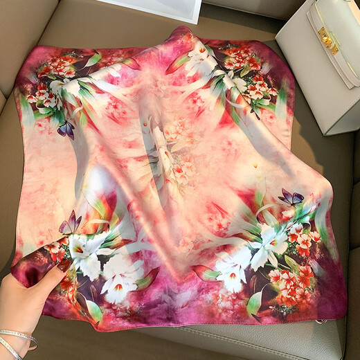 Raodie Hangzhou Silk 100 Mulberry Silk Square Scarf Scarf Feel Pink Flower Women's Tube Top Headband Main Picture Color 53*53cm