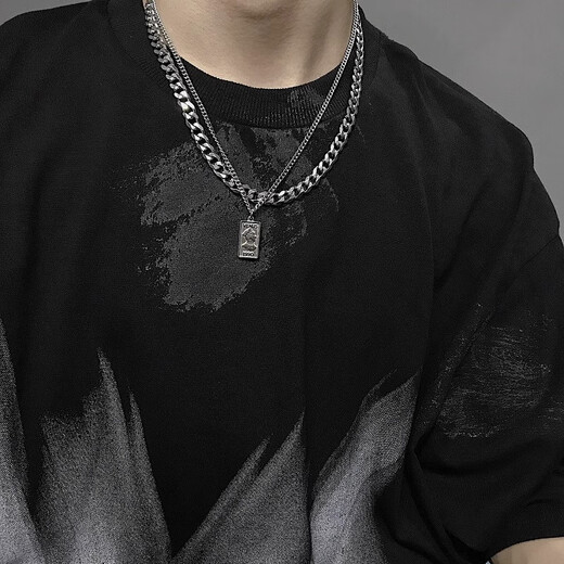 Yechi double-layered Cuban chain men's titanium steel square brand pendant trendy niche design hip-hop necklace sweatshirt chain accessories square brand avatar necklace-50cm