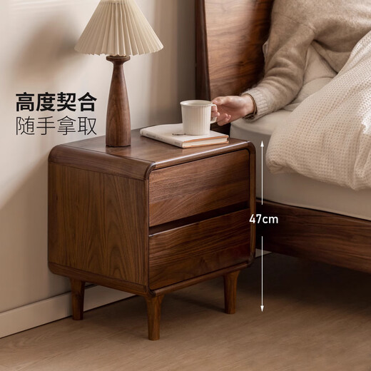 Genji Muyu Massivholz-Nachttisch, schwarzer Walnuss, einfacher nordischer kleiner Wohnungs-Sandwich-Aufbewahrungsschrank, Nachttisch, 0,45 Meter
