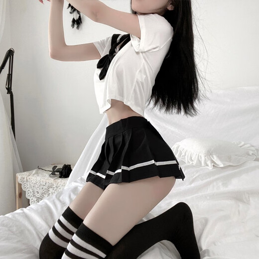 2H&2D水手服校园JK制服诱惑性感免脱睡衣服激情午夜魅力套装cr 黑色JK制服+9756 镂空连体网衣裙 均码 80-125