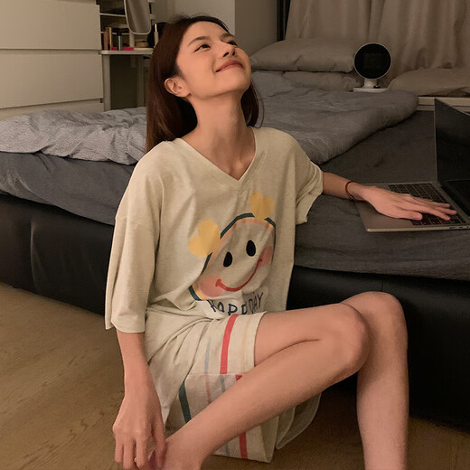 莫代尔睡衣女双面可穿夏季新款V领+圆领短袖短裤可爱家居服套装 9905w#笑脸+派对熊 XL