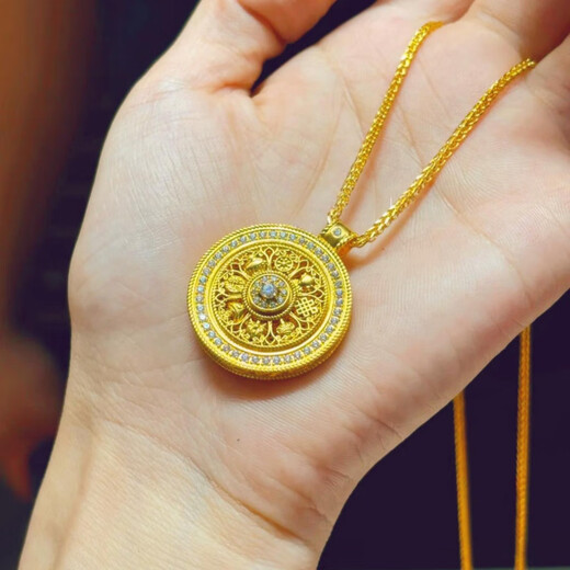 Feng Feili 18K gold-filled ancient method diamond-set disc transfer bead necklace gold eight-treasure compass pendant jewelry diamond-set golden eight-treasure compass single pendant