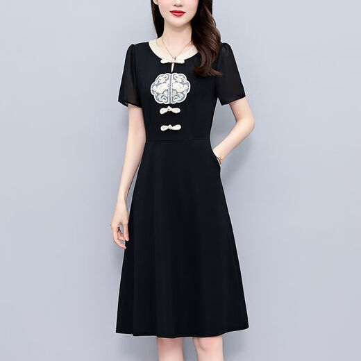 Dryworld New Chinese Retro Schwarz große Größe Frauenkleidung Fett MM Mutter Mutter mit kurzem Ärmeln Sommer neuer Stil Rich Lady Slim Black [1585 High-End-Stoff] l