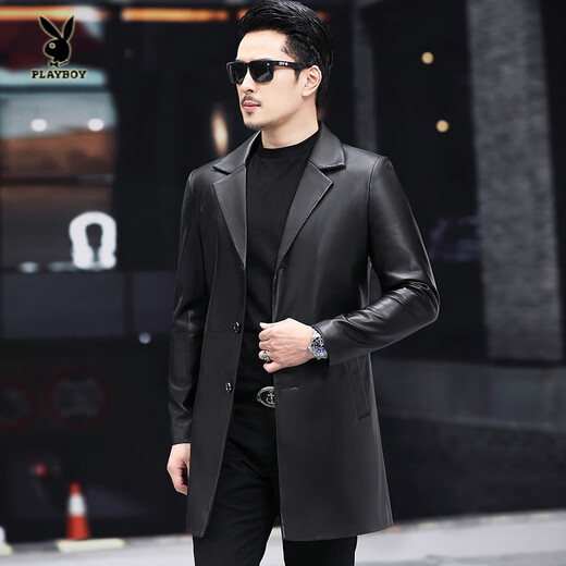 Playboy (PLAYBOY) 2025 new style genuine leather jacket men's leather jacket suit mid-length suit handsome youth windbreaker jacket black M / 100 115Jin Jin equals 0.5 kg