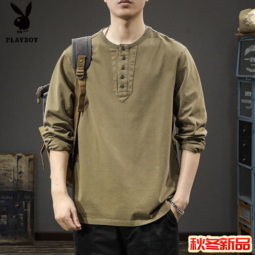Playboy (PLAYBOY) 2025 new casual men's versatile long-sleeved T-shirt, loose and thin, spring and autumn trendy brand Henry collar bottoming shirt, sweatshirt, Khaki M _ Recommended 86-100Jin Jin is equal to 0.5 kg