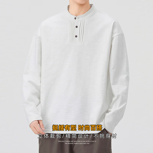 Queli Henry collared long-sleeved T-shirt for men, autumn trendy pure cotton top, American loose inner layering shirt for men, dark gray M