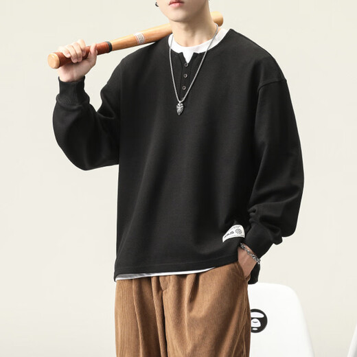 Kuraishi Kazuki autumn heavy cotton men's long-sleeved T-shirt loose large size American fashion brand casual Henry collar bottoming shirt sweatshirt black M suitable for 110-130Jin Jin equals 0.5 kg