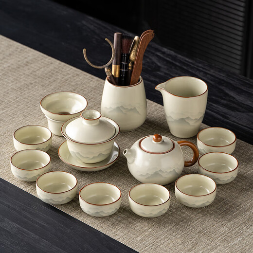 Ru kiln kung fu tea set complete set for home new high-end ceramic teacup teapot tea washing office complete set of tea set with 15 heads Ru kiln ink covered bowl 8 cups + pot washing channel