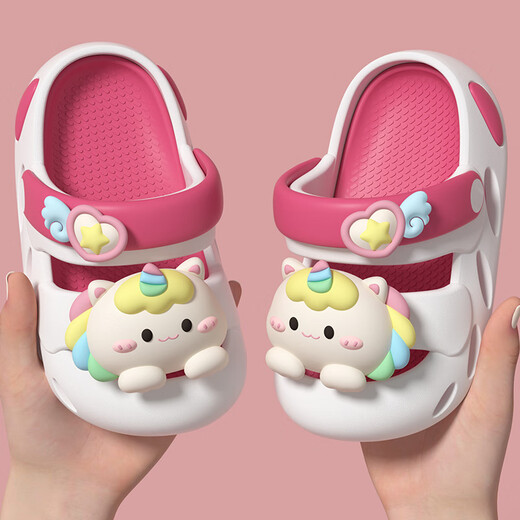 Unicorn Cute Cartoon Children's Slippers Comfortable Indoor and Outdoor Anti-collision Girls' Baby Slippers in Summer White Rose Red 21 0mm Inner Length 20.5cm Suitable for Sizes 34-35