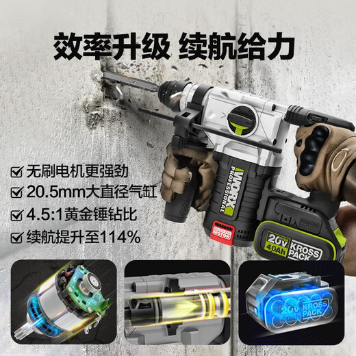 WORX 威克士威克士无刷锂电锤WU388工业级电动工具冲击钻充电式大功率电锤 WU3884.0双电+快充圆柄