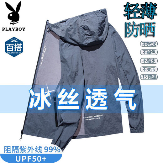 Playboy Ice Silk Sun Protection Jacket Men's Summer New Anti-UV Thin Fishing Sun Protection Jacket Cool and Quick-drying and Breathable PQ1977-Dark Blue Cool and Breathable M 90-105Jin Jin equals 0.5 kg
