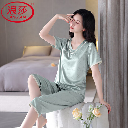 LangSha легкая роскошная ночная рубашка высокого класса для женщин, летняя ледяная шелковая новая женская пижама-симулятор, летняя сексуальная с нагрудной подкладкой, тонкая секция 1349-песочно-зеленые укороченные брюки с короткими рукавами M
