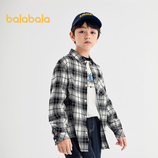 Balabala Boys' Shirt Children's Long Sleeve Autumn Clothes Girls' Plaid Jacket Same Style in the Shopping Mall Comfortable and Versatile Black and White Tone 00491 100