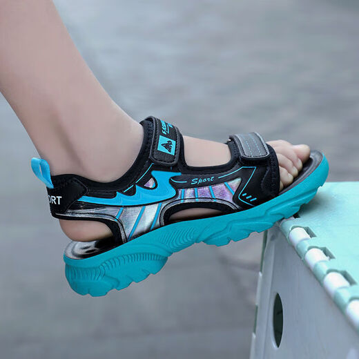 Children's shoes 6-12 years old, summer breathable sandals, boys' students' beach shoes, lightweight and handsome, new style, non-slip and wear-resistant, 1901 black gray, size 34/inner length 217cm