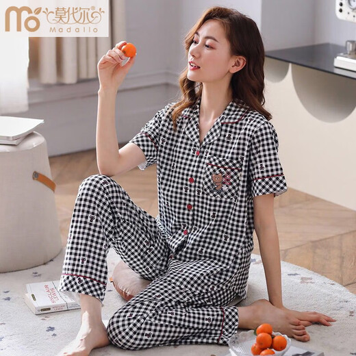 
Modal summer pure cotton pajamas for women short-sleeved trousers thin 2025 new plaid cotton summer mother home clothes A9923 M Suggestion-80-95Jin[Jin equals 0.5 kg]