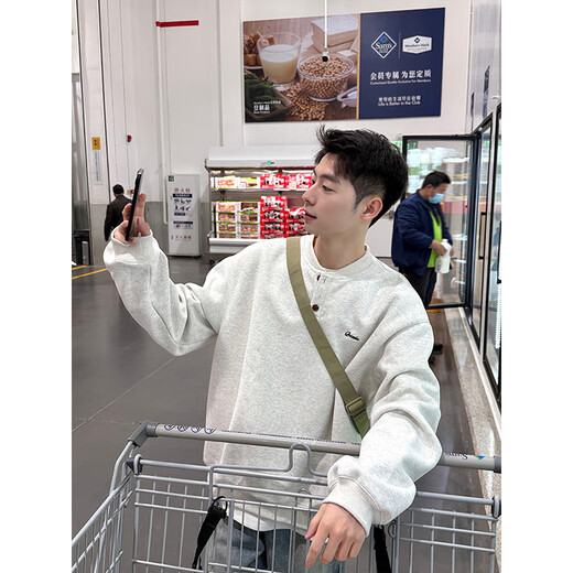 Qumile cleanfit Henry collar sweatshirt for men in spring and autumn, loose and trendy heavy-weight bottoming shirt, long-sleeved T-shirt with inner top, white gray XL recommended 120-140Jin Jin equals 0.5 kg