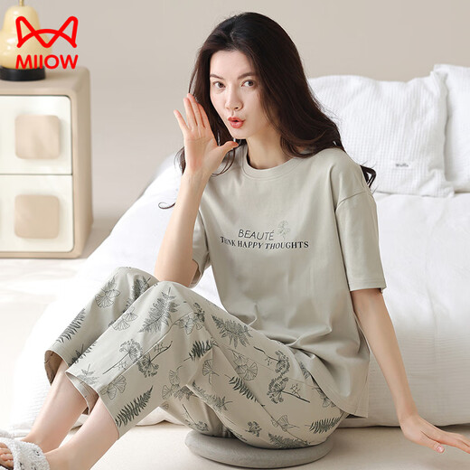MiiOW 2025 new pajamas for women summer pure cotton short-sleeved trousers can be worn outside casual brand home clothes suit YZT9721 M Recommended 80-100Jin Jin equals 0.5kg to wear