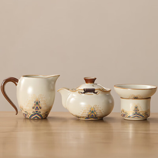 Shangyanfang hand-made tea pot, tea bowl, tea cup, single Ru kiln Kung Fu tea set, one-person household fair cup tea leakage three-piece set