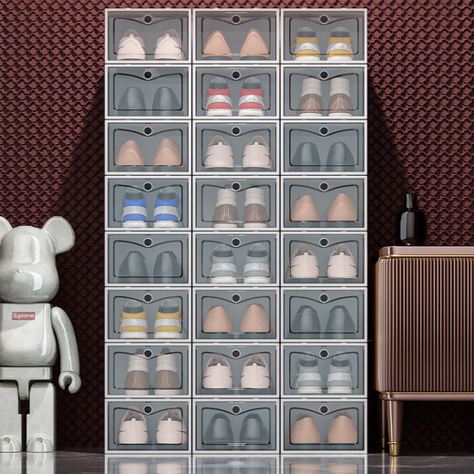 Shoe box storage box transparent shoe storage thickened magnetic acrylic simple hard plastic dormitory shoe rack multi-layer cabinet extra thick men's white flower 12 with 12 in total 24 pcs