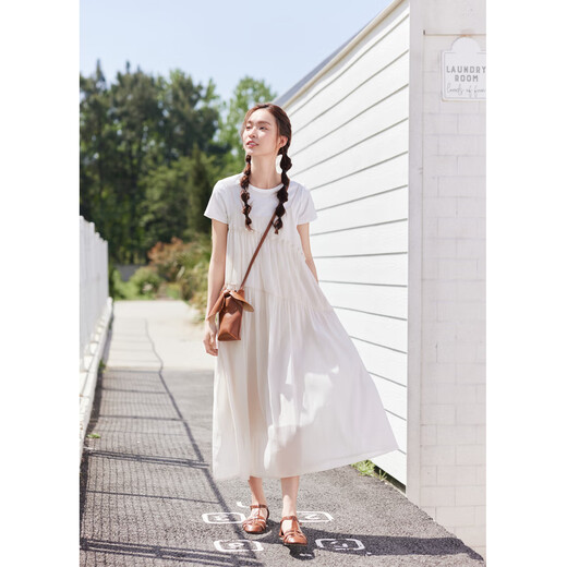 Zihan (ZIHAN) Zihan pure white round neck short-sleeved T-shirt lace suspender dress two-piece suit for women 2025 summer new style Almond White M