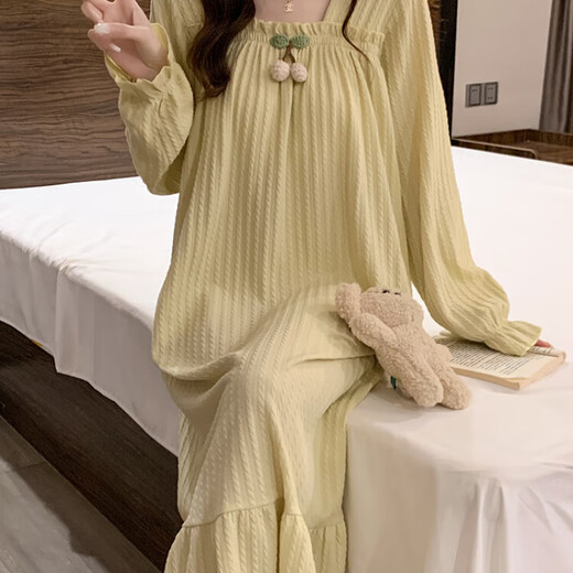 花陌妮公主风睡裙女春夏秋季棉质长袖带胸垫胖mm宽松大码孕妇家居服睡衣 J897-豆沙色裙【可拆卸胸垫】 M 【80-100斤】