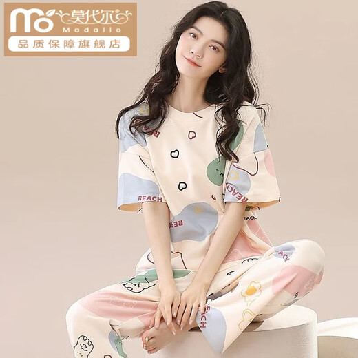 莫代尔棉质睡衣女夏天新款短袖长裤宽松春夏家居服薄款外穿夏季套装 SM-9711【棉质棉质】 M 码80-100斤需预留缩水