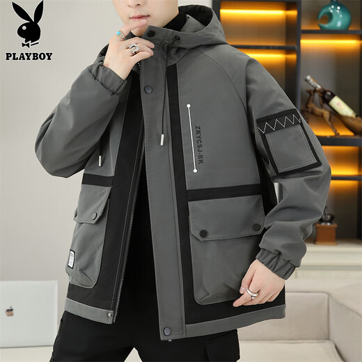 Playboy (PLAYBOY) jacket men's work jacket men's autumn and winter hooded high-end men's sports casual charge handsome clothes