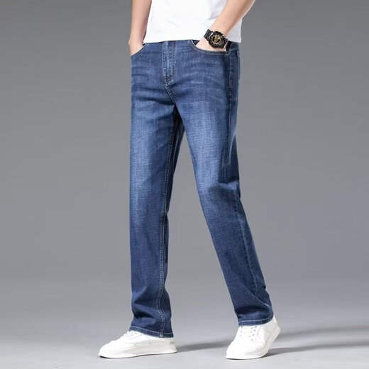 雅鹿牛仔裤男春秋季直筒宽松弹力商务休闲长裤男士潮牌百搭男装裤子 浅蓝色 31