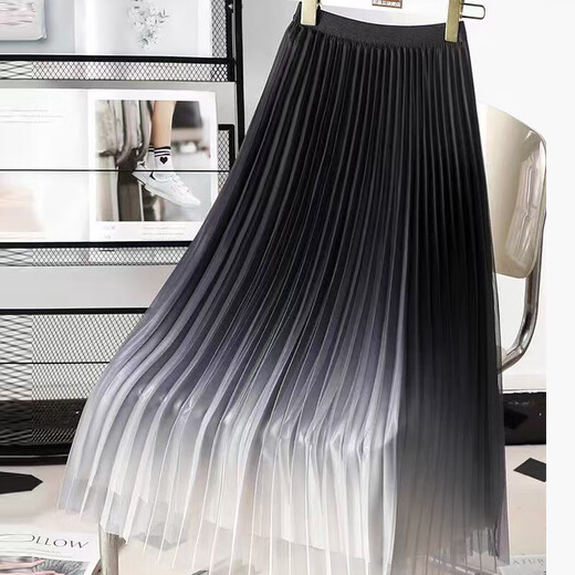 Black skirt gradient color mesh pleated skirt spring and summer new high-waisted slim A-line tiara skirt medium length 1365 Gradient black XL Recommended [125-140Jin[Jin equals 0.5 kg]]