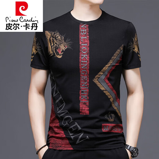 Pierre Cardin (pierre cardin) printed short-sleeved T-shirt men's summer tiger head loose ice silk half-sleeved body shirt men's thin ice-feeling trendy T 829 striped letters black M 165/ Recommended 95-120Jin Jin is equal to 0.5 kg