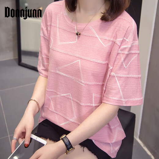 DONNJUNN胖mm休闲百搭遮肚子纯棉上衣女夏季加大码女装200斤显瘦短袖T恤女 9902粉色 M 80-95斤