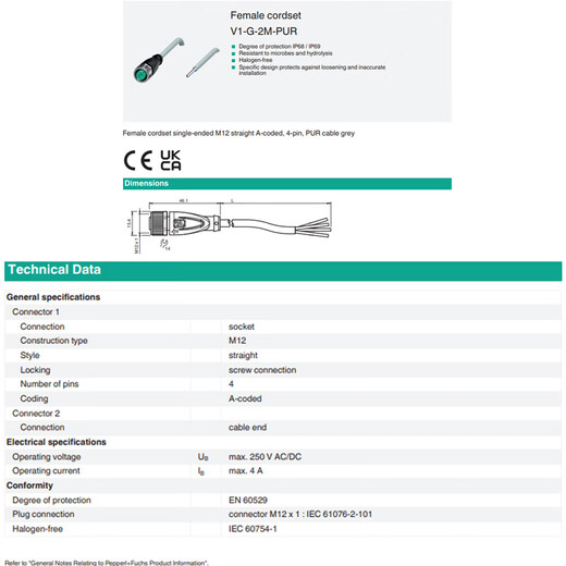 Yue Changsheng Pepperl+Fuchs connecting cable plug V1-W-BK V1-W-2M-PUR V1-W-PG9 male and female connecting cable V1-G-B V1-W-2M-PUR