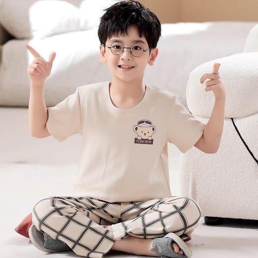 Manidor pajamas for boys summer new short-sleeved trousers for boys and girls for spring and autumn teenagers pure cotton children's air-conditioned home clothes N9902 short length 130 14 size recommended 125-135cm