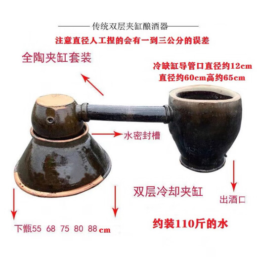 Jie Yun Mao Ancient Ceramic Winemaking Equipment Rural Traditional Ancient Ceramic Steaming Winemaking Equipment Earthenware Tank and Sky Pot Wine Steamer Set of four pieces, please note the size of the steamer