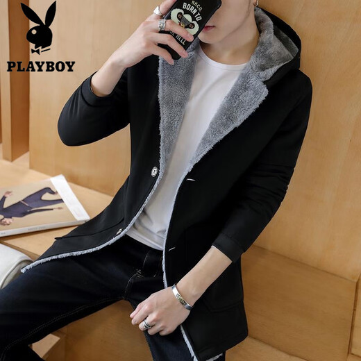 花花公子（PLAYBOY）加绒风衣男士外套夹克中长款连帽棉衣加厚大衣韩版潮流袄子秋冬装 蓝色扣子款 加绒 6XL 190-215斤