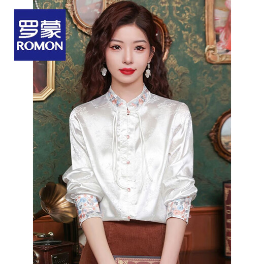 ROMON New Chinese style tassel embroidered stand collar bottoming shirt for women early spring new light national style shirt with horse skirt top white XL 115-125Jin Jin is equal to 0.5 kg