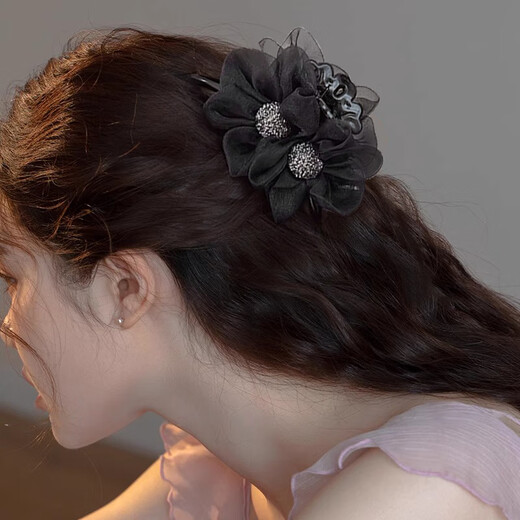 Xiangwan Hair Clip Flower Gauze Clip Women's Hair Volume Hair Clamp Back of Head Hair Clip Shark Clip Hair Accessory Black