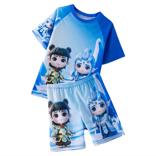 2025 new swimsuit for children and boys, short-sleeved sunscreen, quick-drying hot spring swimsuit, middle and older children Nezha cartoon swimsuit 23-Ao Bing L LL suitable for weight 20-40Jin Jin is equal to 0.5 kg