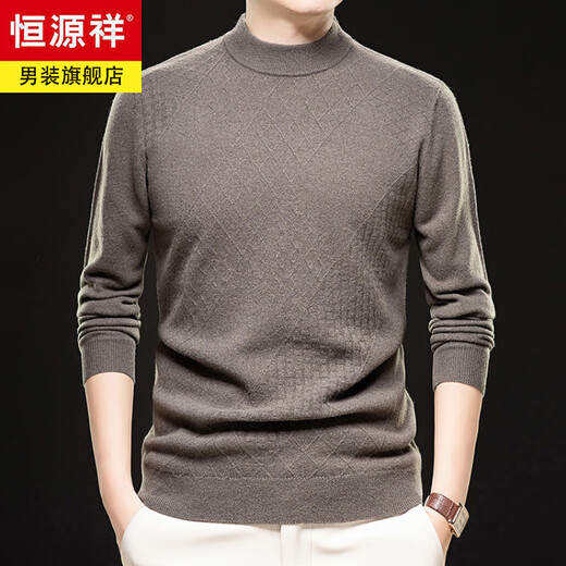 Hengyuanxiang high-end 100% pure woolen sweater men's half turtleneck 2026 autumn and winter new style jacquard versatile pullover sweater trendy forest green 420g, thickened sheep wool M 165
