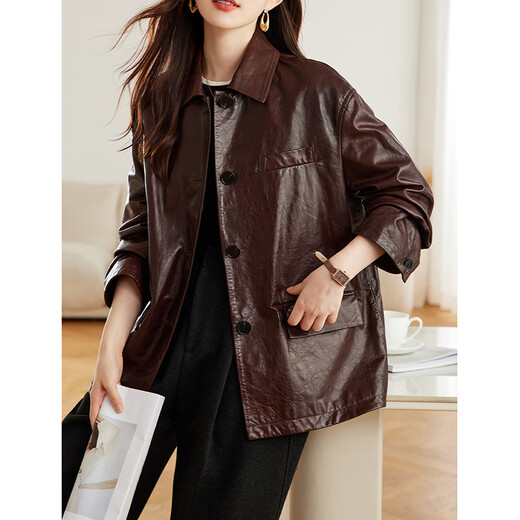 Fabersa brand autumn 2025 oil wax sheepskin popular high-end Maillard genuine leather leather jacket women's mid-length coat women's oil wax leather jacket S recommended 80-110Jin Jin equals 0.5 kg