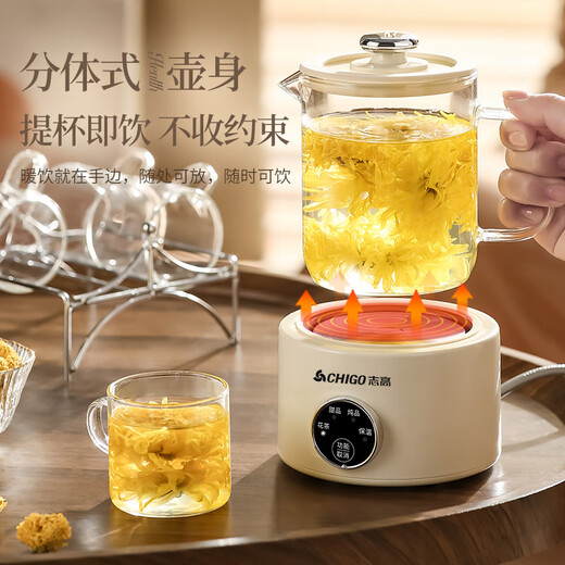 Chigo mini health kettle all-glass office health kettle for one person, kettle, stew kettle, all-in-one small fully automatic constant temperature kettle, teapot, scented tea kettle, electric stew cup, cream white 0.6L - single pot + 304 filter + smart base