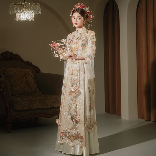 OIMG Light Luxury 2025 New Golden Xiuhe Suit High-end Bridal Chinese Wedding Dress Heavy Industry Luxury Toast Suit Shuangfeng Heavy Industry Champagne Color No Headgear S