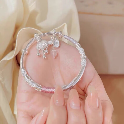 BMOI Old Phoenix 999 Pure Silver Flowers Bracelet Women's Bracelet Safety Lock Bracelet Young Style for Girlfriend Pair of Pearls Flowers Girly Powder + KT Cat 30g