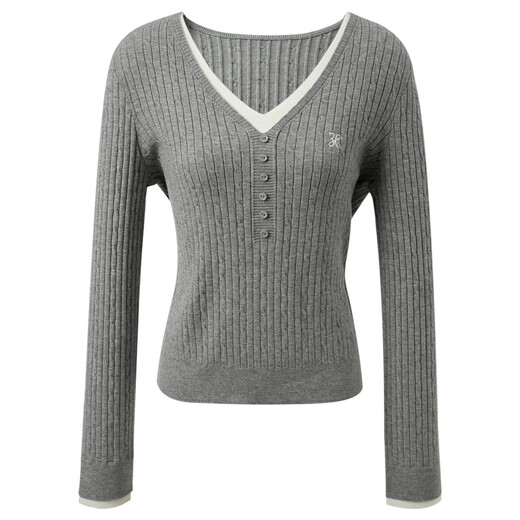 Sancai 2025 winter new V-neck fake two-piece embroidered sweater cable texture long-sleeved pullover M